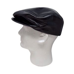 Stacy Adams black genuine leather newsboy/driving cap/hat with satin lining EUC